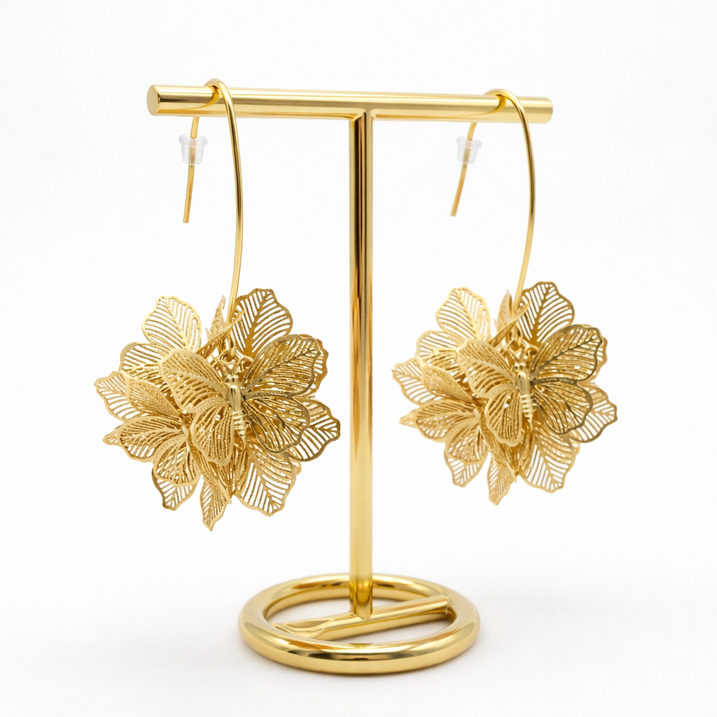 Arracades Flor Daurada Tridimensional amb Ganxo Llarg